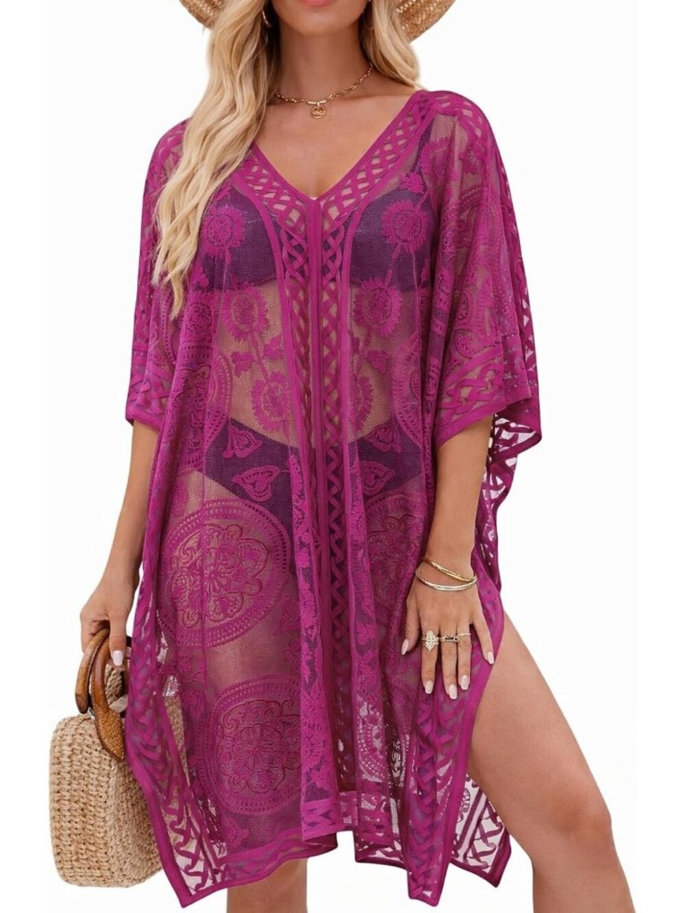 Women's Rose Boho Crochet Swimsuit Cover Up V Neck Loose Fit Beach Kaftan Dress